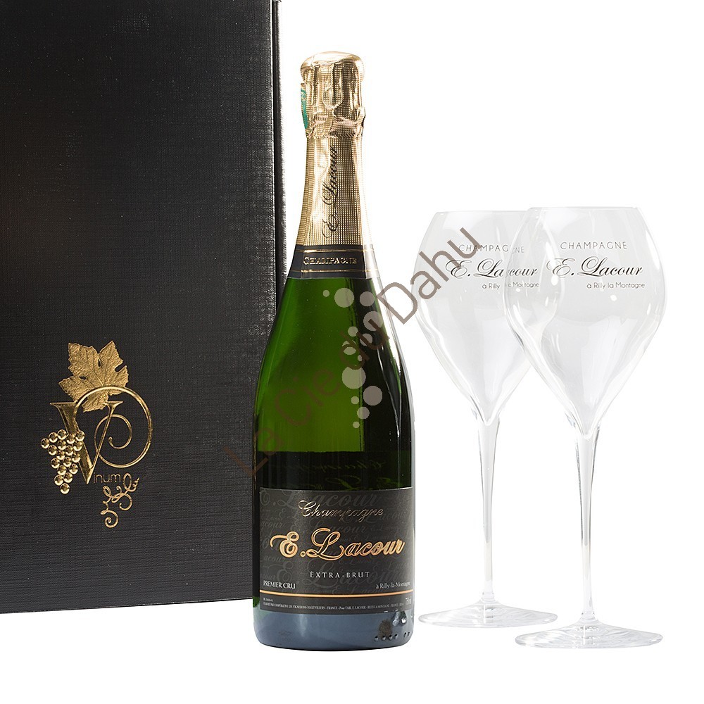 Coffret 2 coupes 41 cl, 1 bouteille Champagne Extra Brut