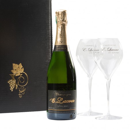Coffret 2 coupes 41 cl, 1 bouteille Champagne Extra Brut